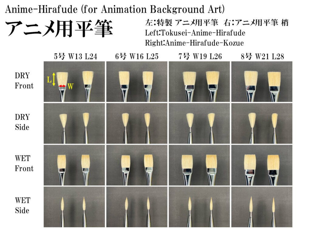 アニメ用平筆 サイズ比較